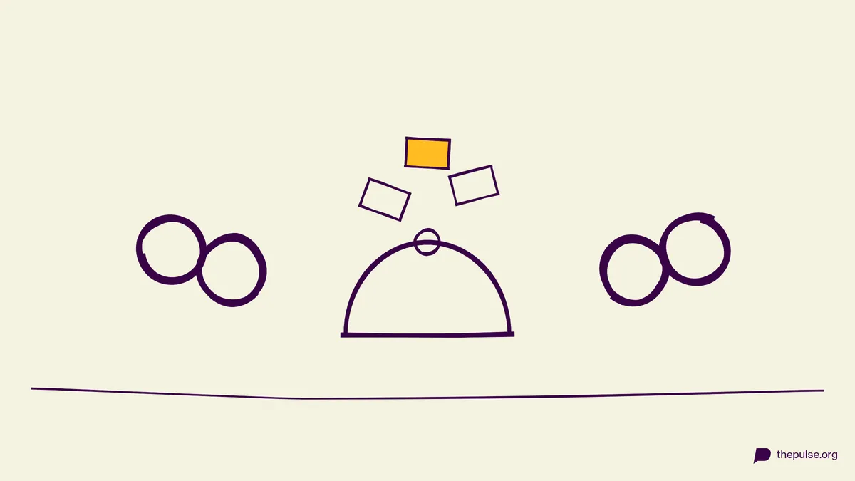 Illustration: Zettel fliegen aus der Mütze, einer gelb, zwei Teams