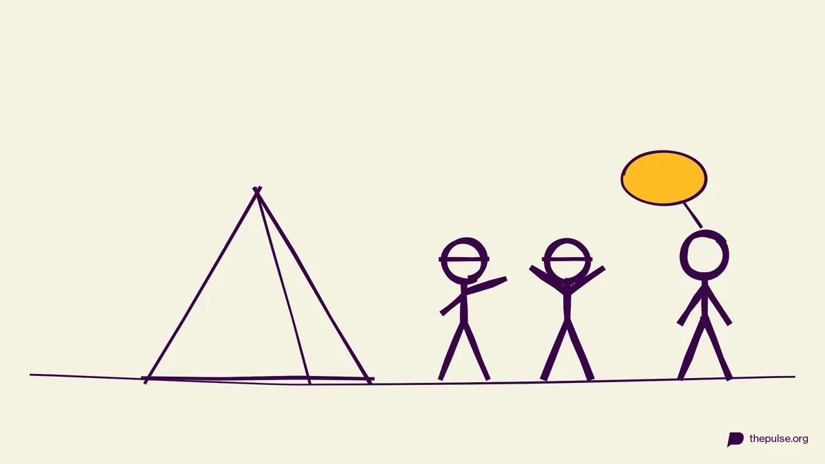 Handgezeichnete Illustration: Figuren mit Augenbinde bauen ein Zelt auf, eine Person gibt Anweisungen
