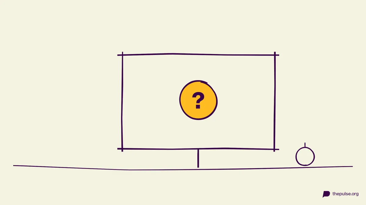 Handgezeichnete Illustration: Quiz-Bildschirm mit gelbem Fragezeichen und Weihnachtskugel