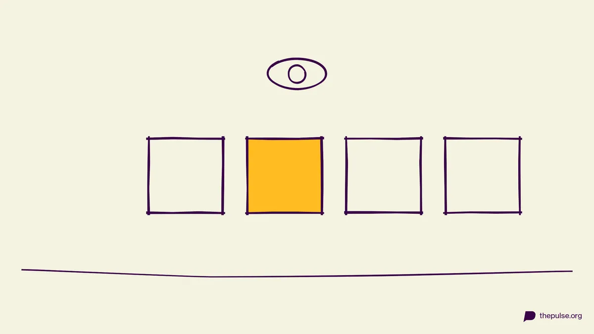 Handgezeichnete Illustration: Vier Rahmen, das Auge sucht den gelben