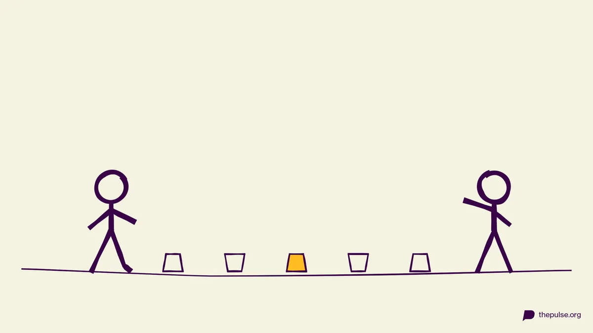 Handgezeichnete Illustration: Becher rauf, Becher runter — welches Team ist schneller?