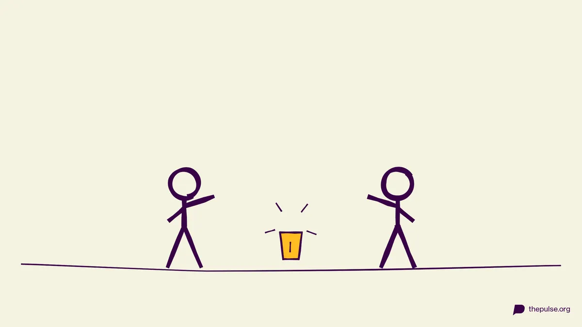 Illustration: Zwei Figuren hechten zum gelben Becher