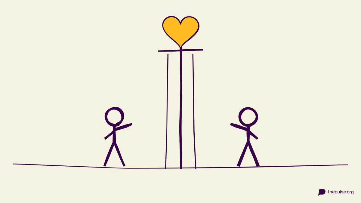 Illustration: Zwei Figuren an einem Vorhang, darüber ein Herz