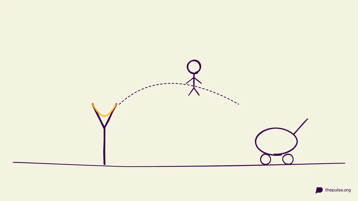 Handgezeichnete Illustration: Die Puppe fliegt per Schleuder Richtung Kinderwagen