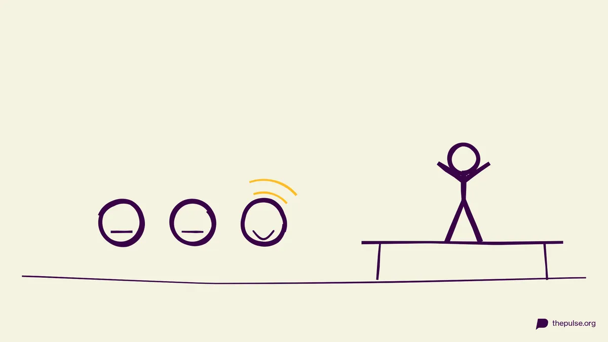 Handgezeichnete Illustration: Figur auf der Bühne bringt das Publikum zum Lachen
