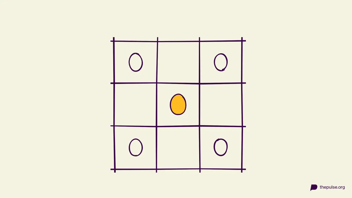 Handgezeichnete Illustration: Bingo-Raster mit Ostereiern, in der Mitte ein gelbes Ei