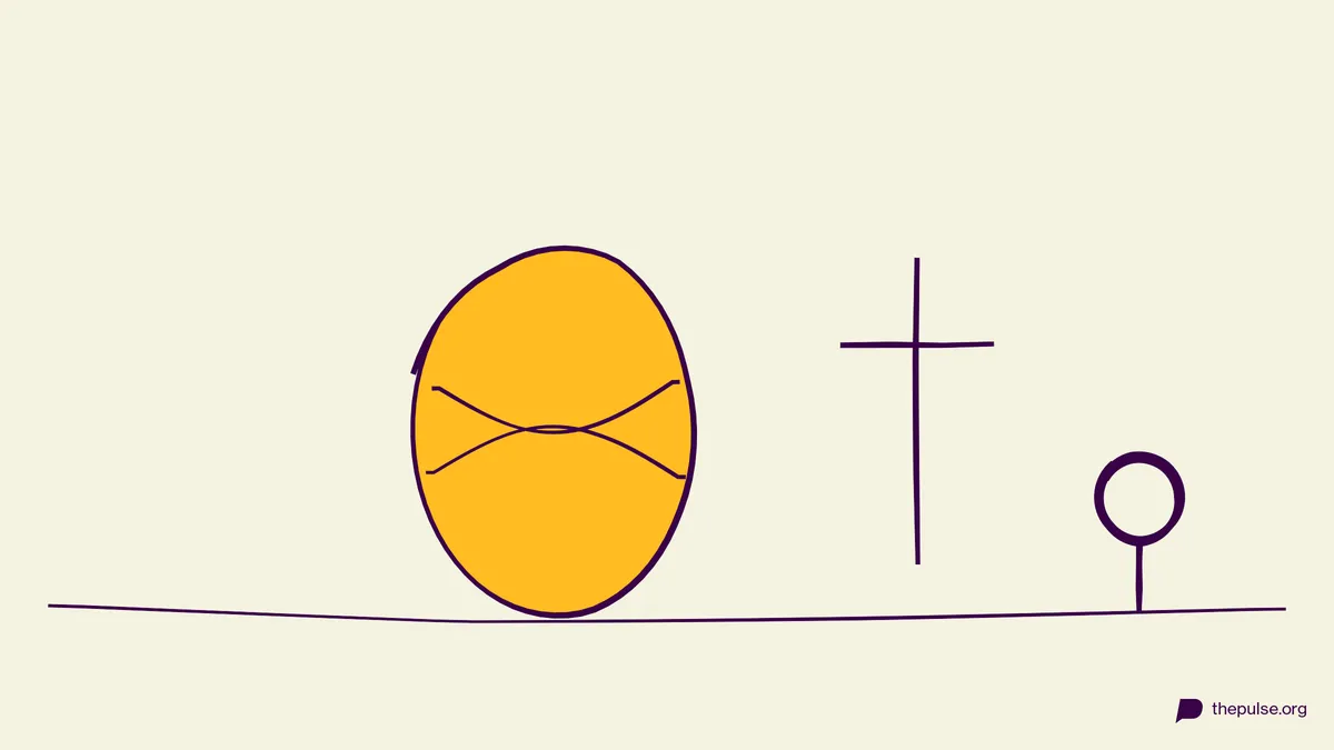 Handgezeichnete Illustration: Großes gelbes Osterei und Kreuz
