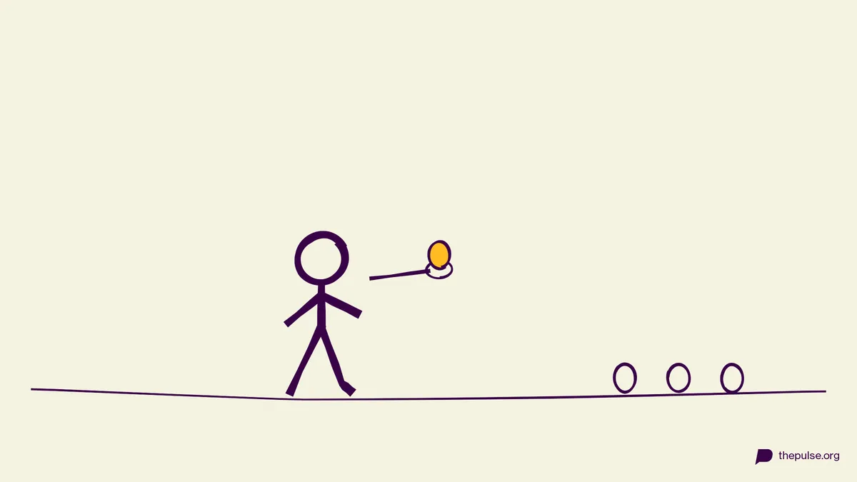 Handgezeichnete Illustration: Läufer bringt das gelbe Ei auf dem Löffel zur Eier-Reihe