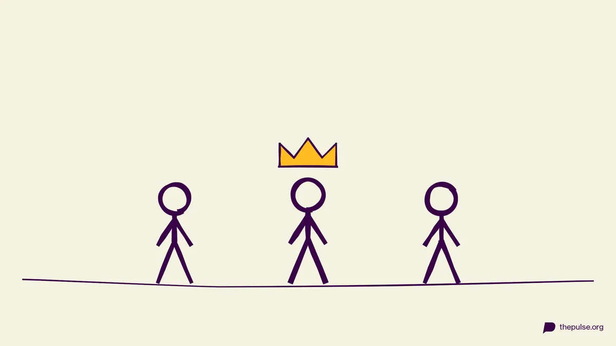 Illustration: Drei Figuren, die mittlere trägt eine gelbe Krone