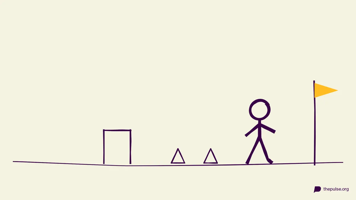 Handgezeichnete Illustration: Hindernisparcours mit Hürde, Kegeln und gelber Zielfahne