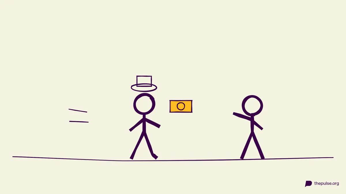 Handgezeichnete Illustration: Gauner mit Hut flieht mit dem gelben Geldschein