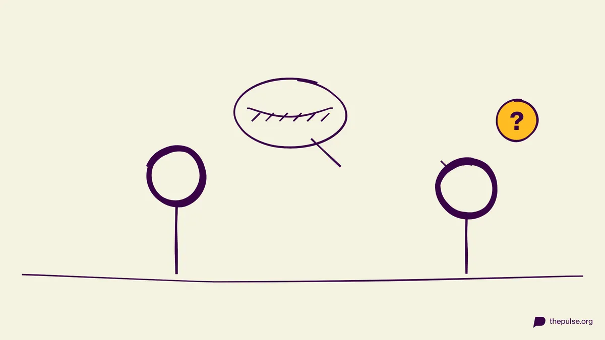 Handgezeichnete Illustration: Unverständliche Sprechblase, ratloser Blick, gelbes Fragezeichen