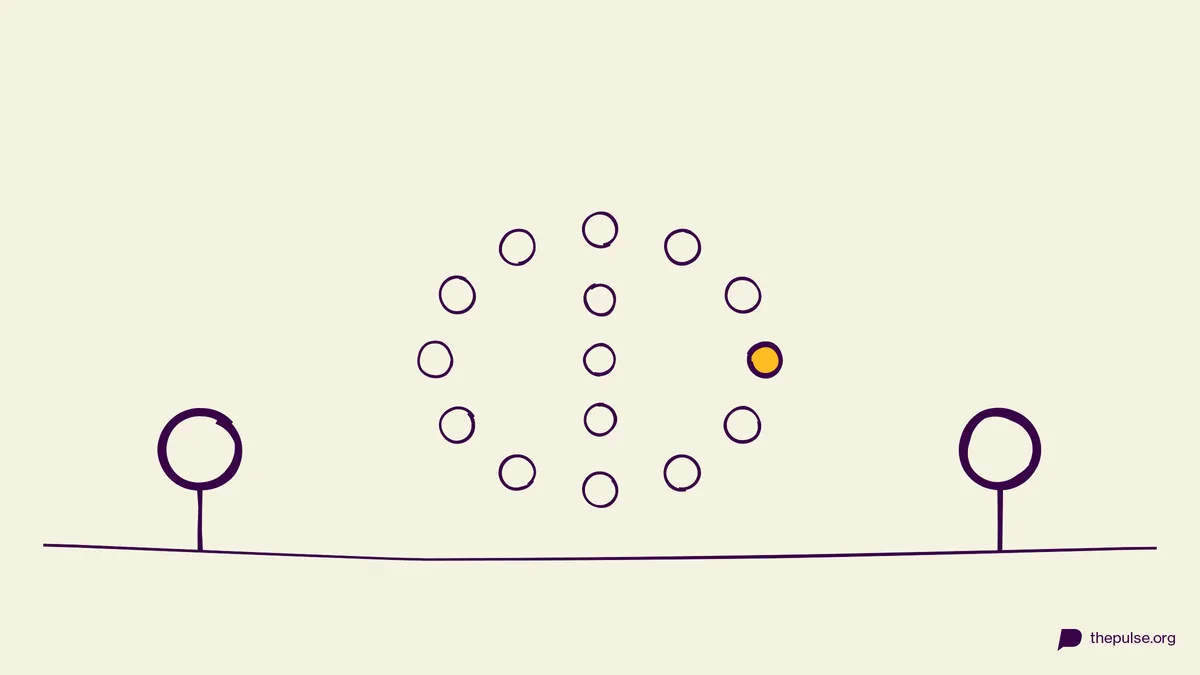 Handgezeichnete Illustration: GIGA-DOG-Spielfeld im Kreis mit gelber Kugel