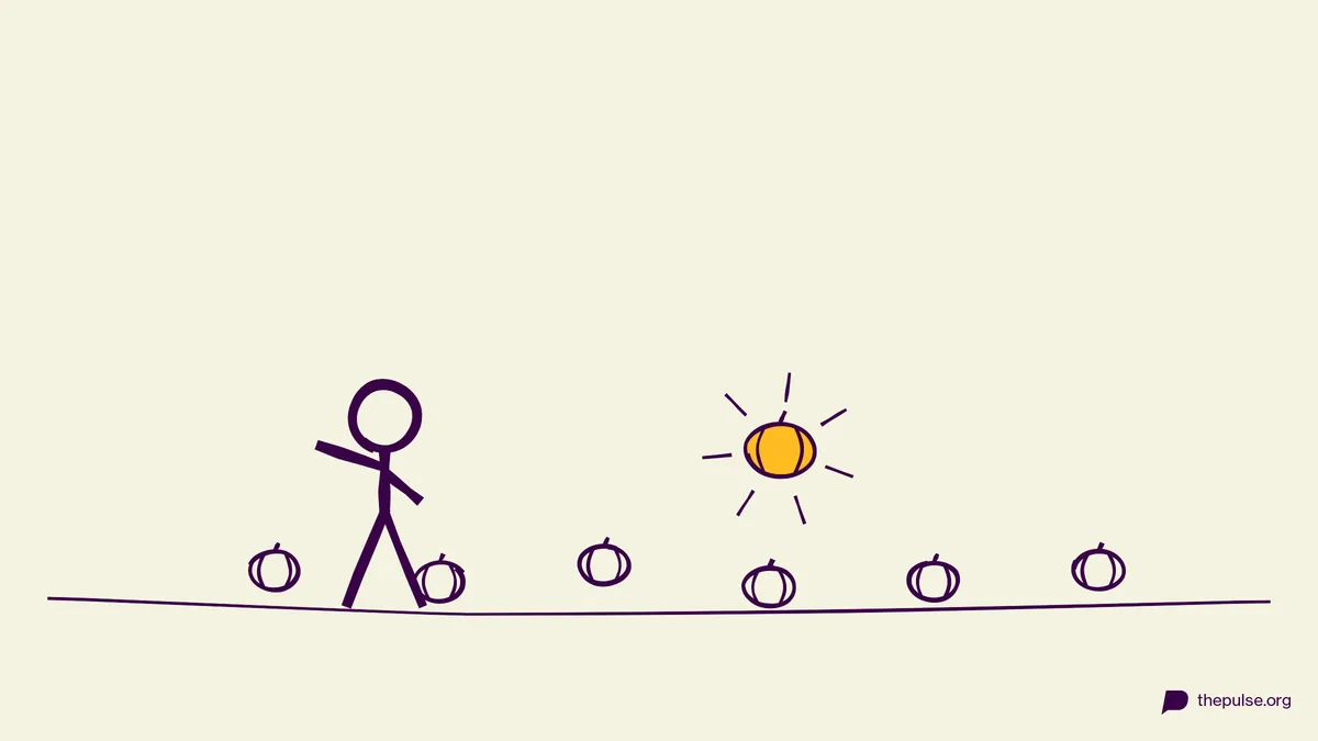 Handgezeichnete Illustration: Viele Mini-Kürbisse, der goldene strahlt