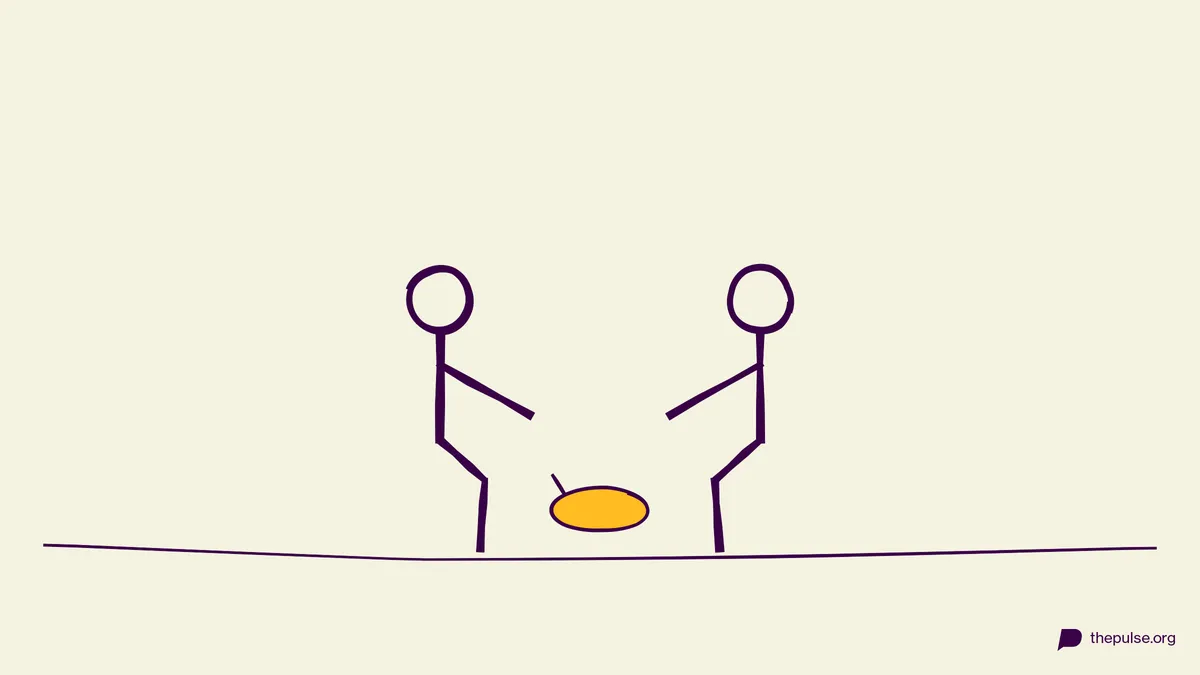 Illustration: Zwei Figuren greifen nach dem gelben Schuh zwischen ihnen