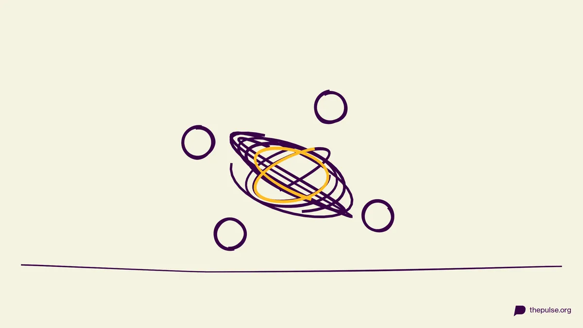Illustration: Verknotetes Knäuel mit herausschauenden Köpfen und gelber Schlaufe