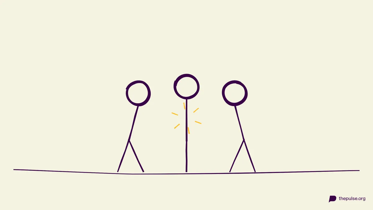 Handgezeichnete Illustration: Drei Personen bauen gemeinsam ein menschliches Dreibein