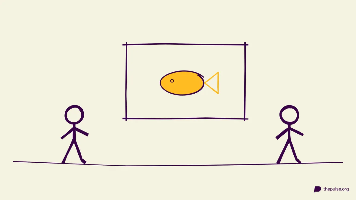 Handgezeichnete Illustration: Gelber Fisch im Bild — und alle rennen los