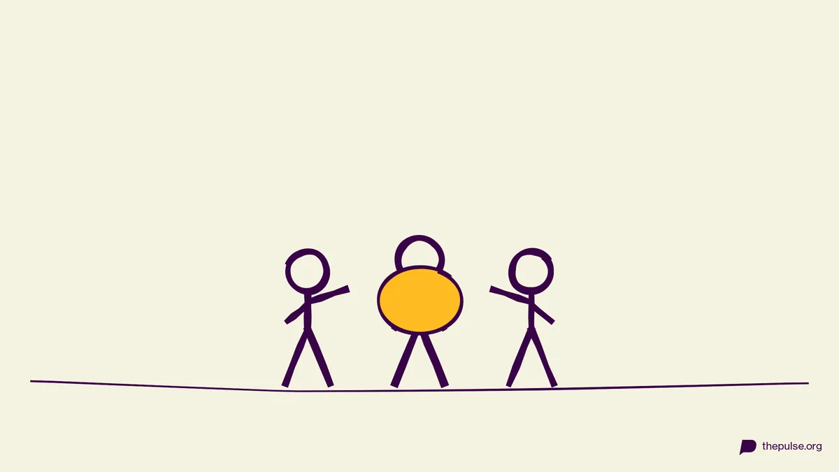 Illustration: Dreiergruppe formt ein Känguru mit gelbem Beutel