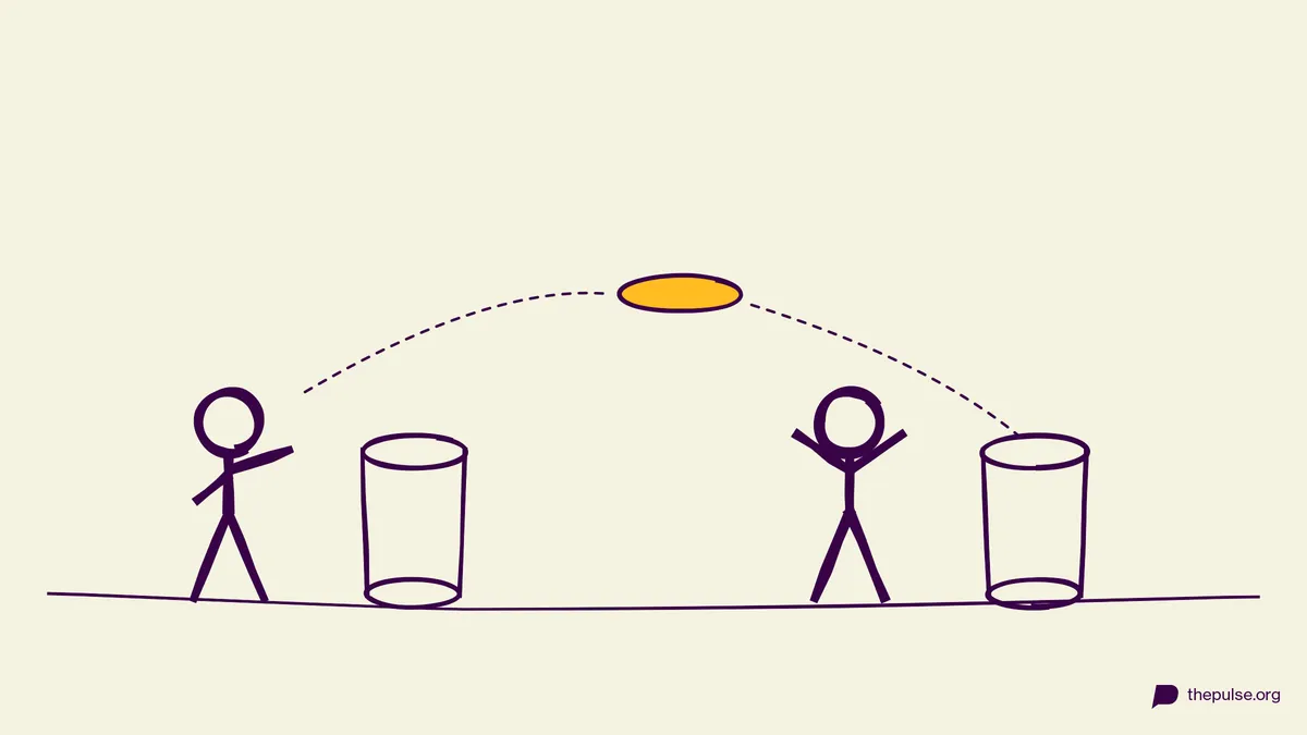 Illustration: Gelbe Frisbee fliegt zwischen zwei Tonnen