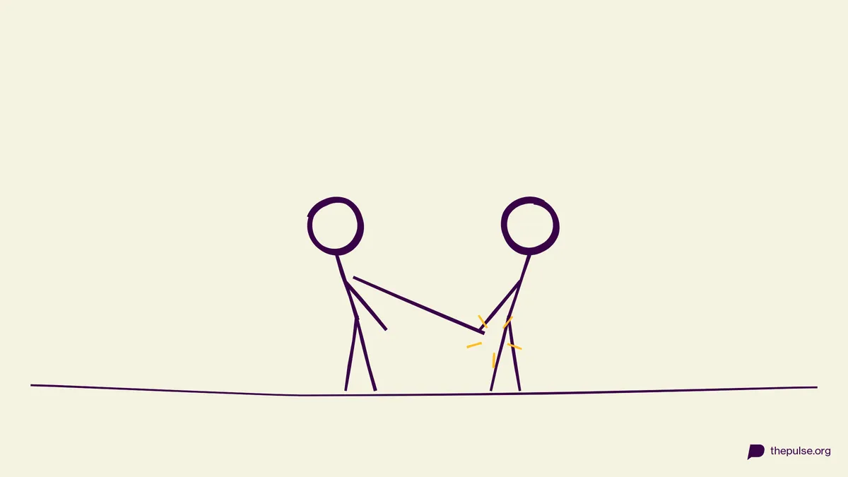 Handgezeichnete Illustration: Hände auf den Knien, ein Arm schnellt blitzschnell vor