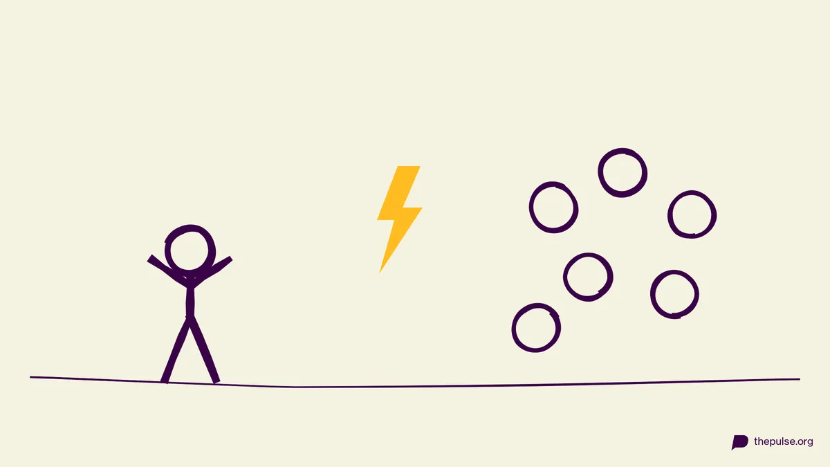 Handgezeichnete Illustration: Eine Figur gegen alle — der gelbe Blitz dazwischen
