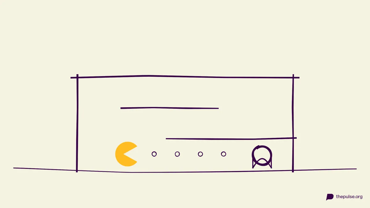 Handgezeichnete Illustration: Gelber Pac-Man im Labyrinth, der Geist wartet schon