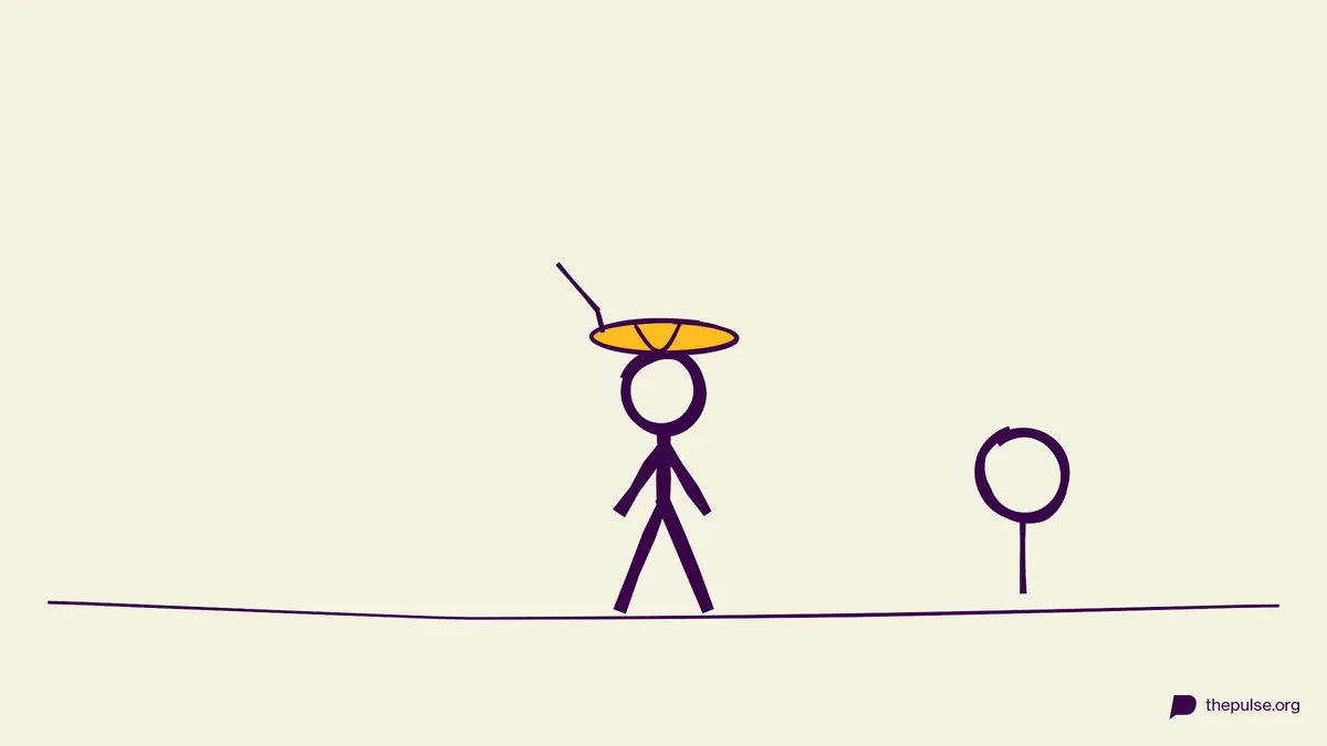 Handgezeichnete Illustration: Blind zeichnen auf dem gelben Teller auf dem eigenen Kopf