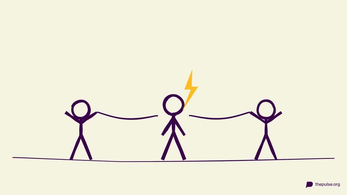 Illustration: Figuren ziehen sich Richtung Strommast mit gelbem Blitz