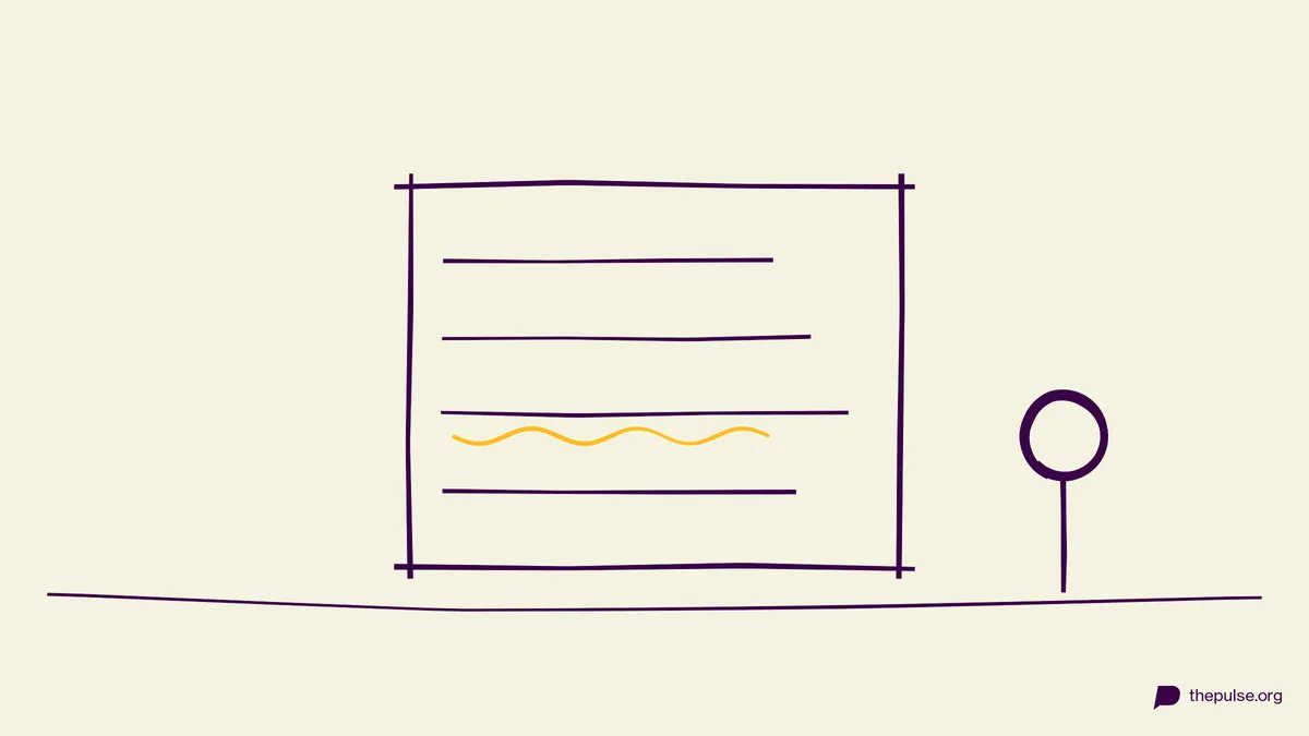 Handgezeichnete Illustration: Vier Wortzeilen, die gelbe Kringellinie markiert den Fehler