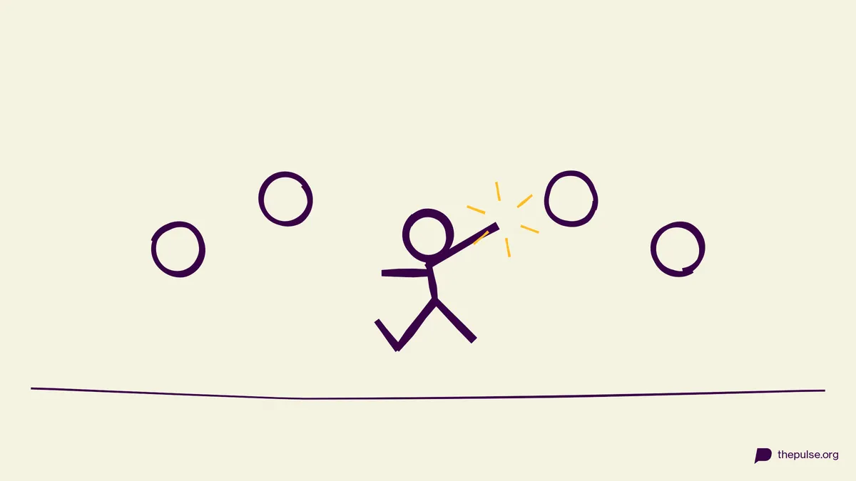 Handgezeichnete Illustration: Figur springt mit Super-Ninja-Move, gelber Action-Burst