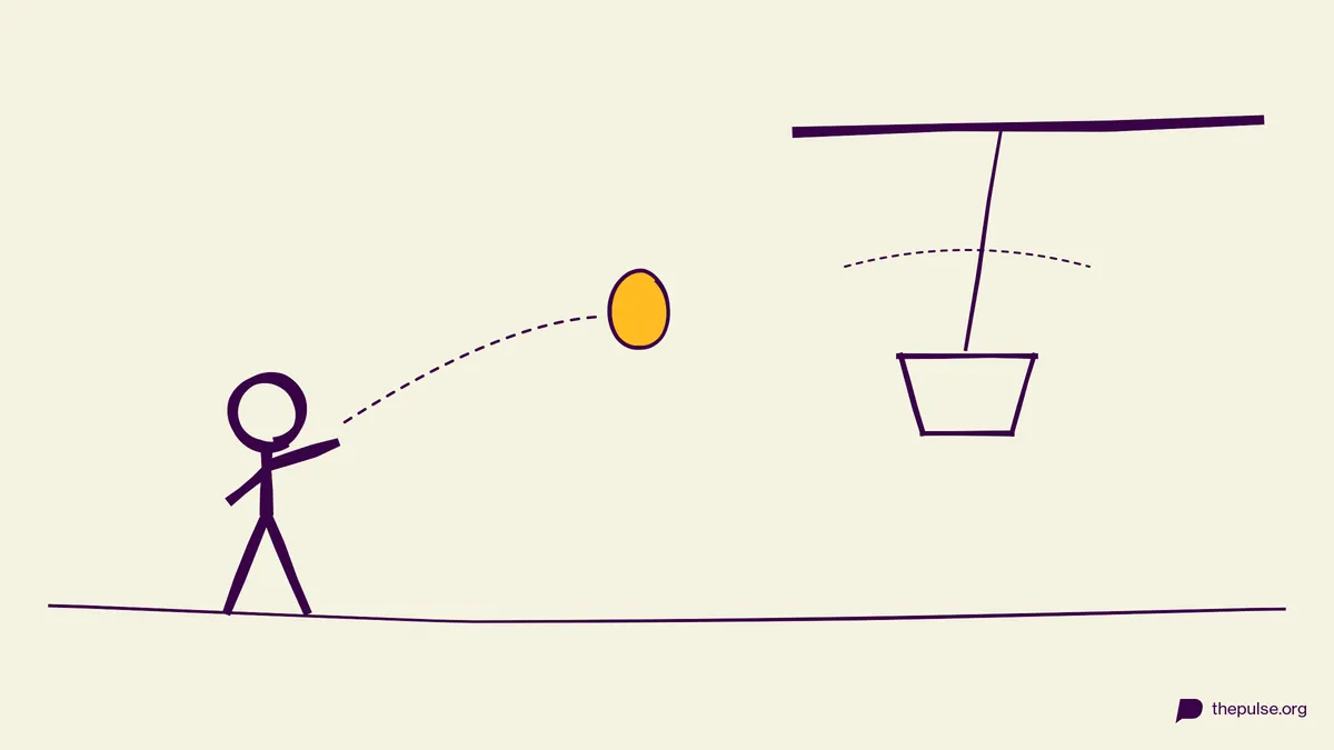 Illustration: Osterei fliegt in den schwingenden Korb am Ast