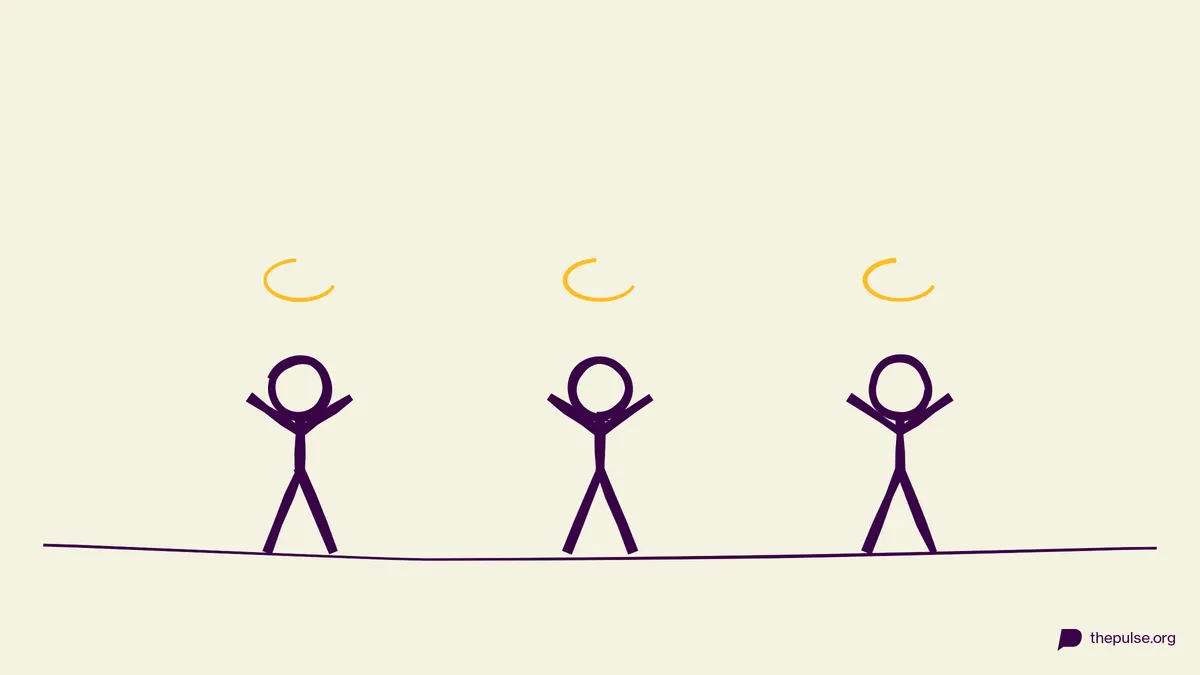 Illustration: Drei wackelnde Figuren mit gelben Wirbeln