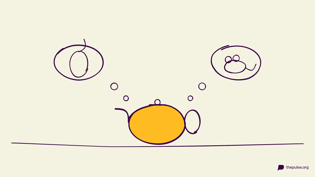 Handgezeichnete Illustration: Gelbe Teekanne denkt an Computermaus und Tiermaus — ein Wort, zwei Bedeutungen
