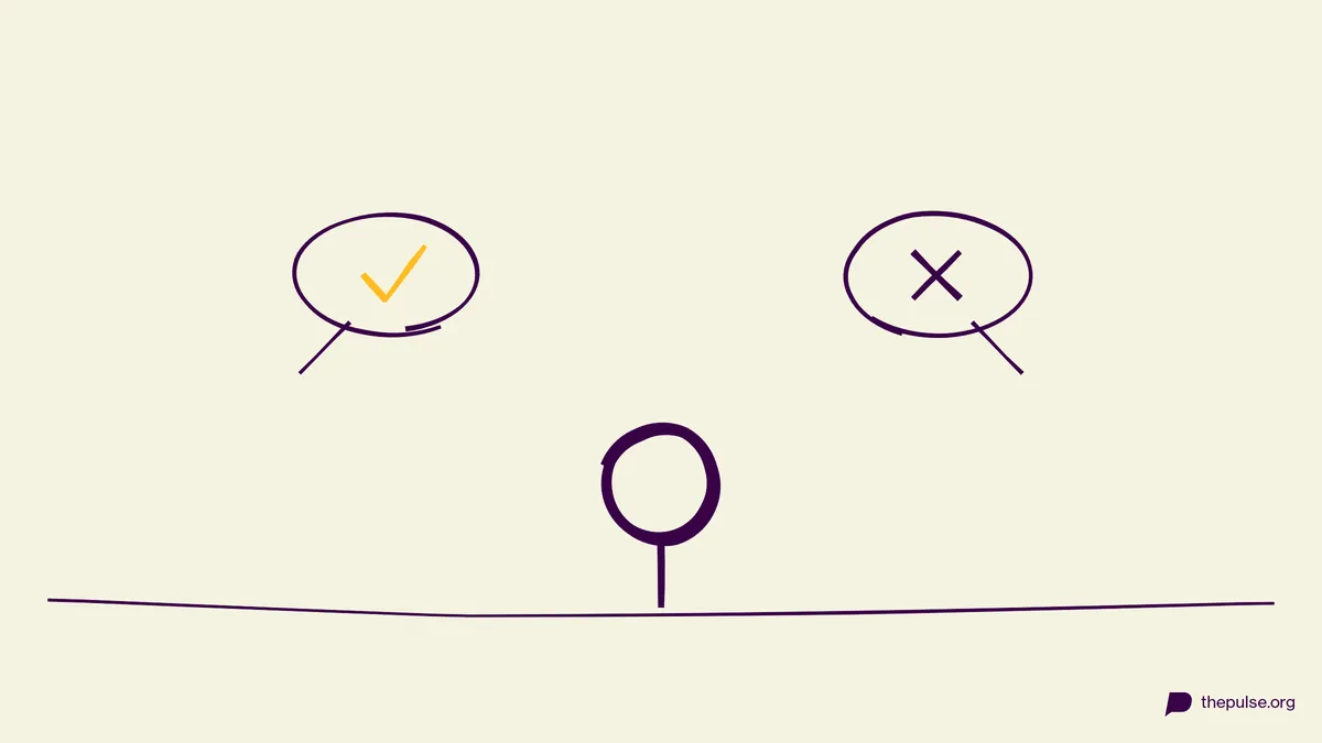 Handgezeichnete Illustration: Zwei Aussagen — gelber Haken oder Kreuz?