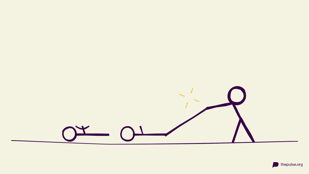 Illustration: Bauer zieht am Bein einer verhakten Rübe