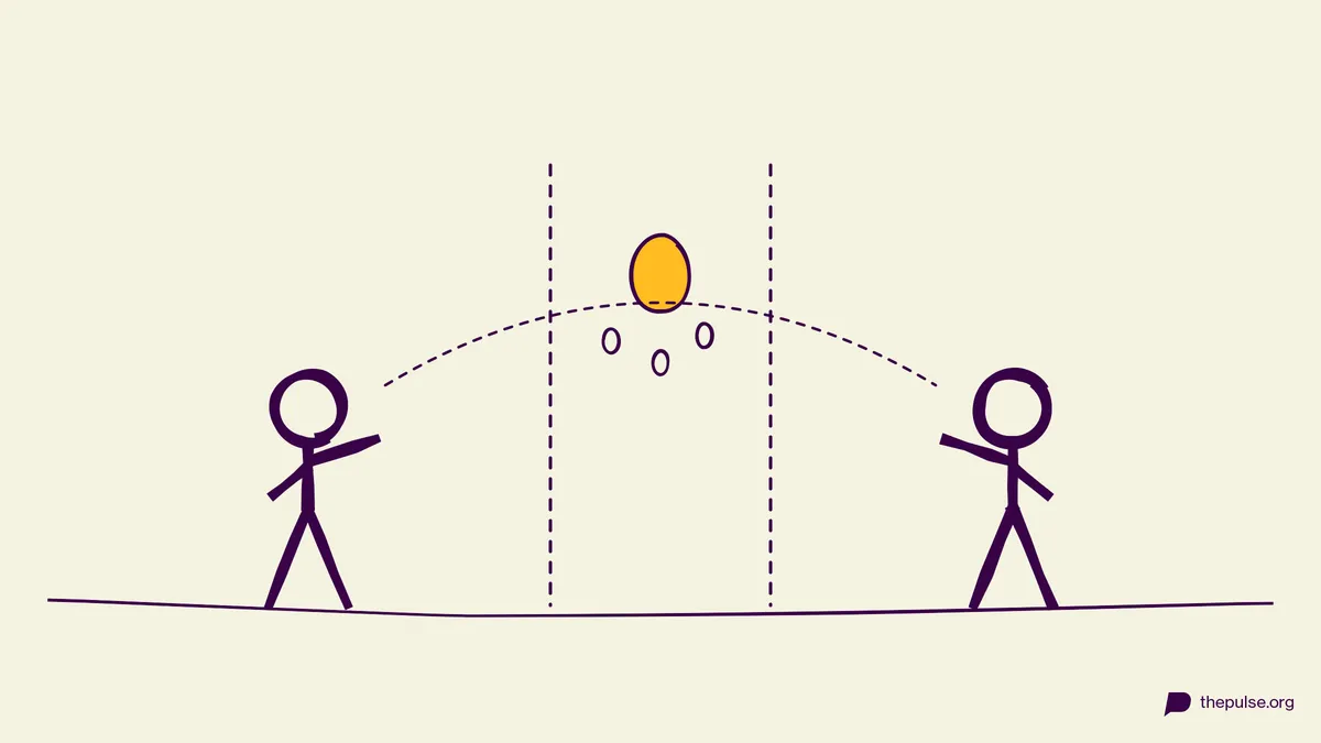 Handgezeichnete Illustration: Ein nasses Osterei fliegt zwischen zwei Spielzonen hin und her
