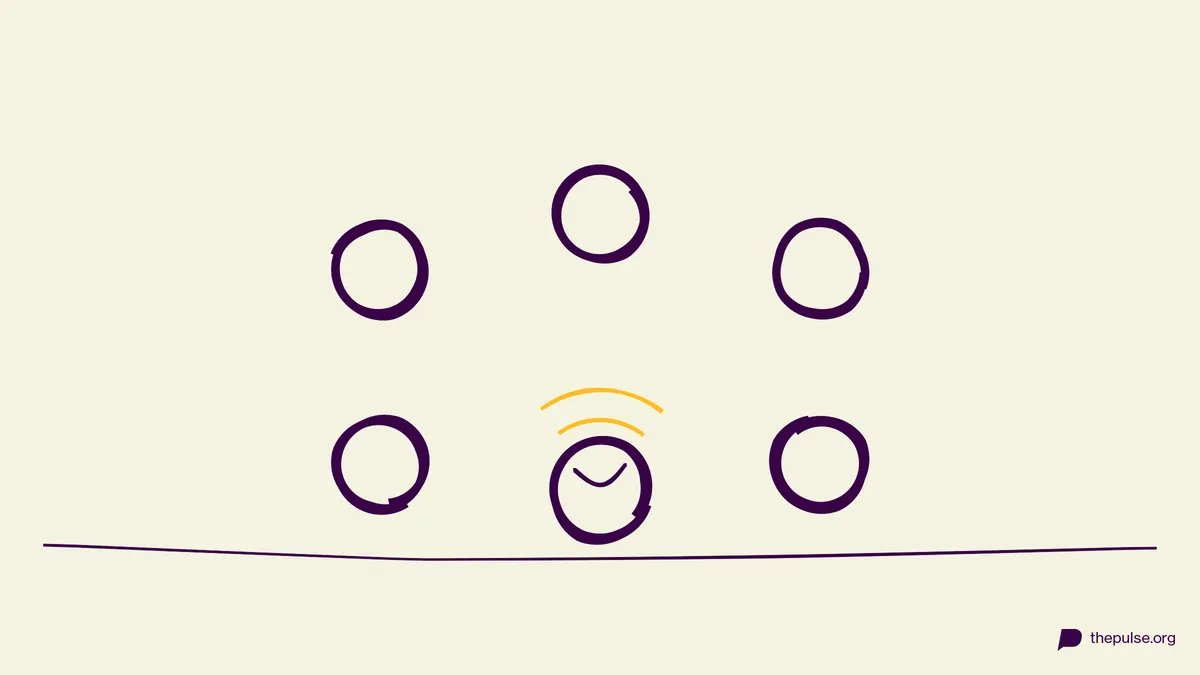 Illustration: Kreis aus Köpfen, einer lacht mit gelben Schwingungen