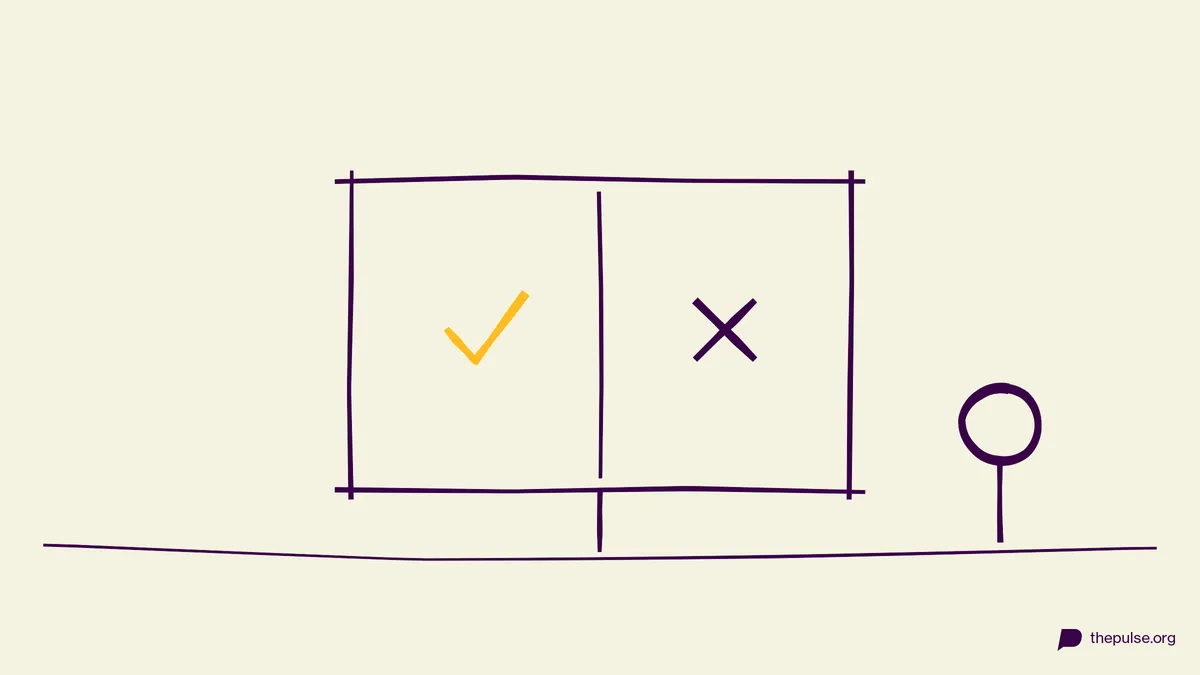 Handgezeichnete Illustration: Bildschirm mit gelbem Haken und Kreuz — Win or Fail?