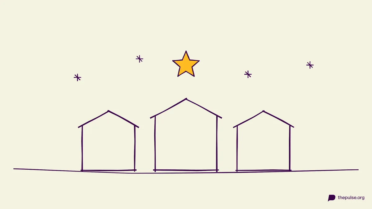 Handgezeichnete Illustration: Winterdorf Schneeflockenhain mit gelbem Stern