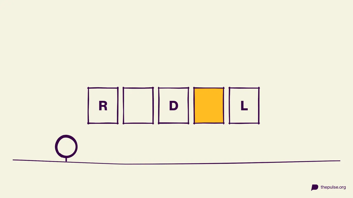 Handgezeichnete Illustration: Wort-Kästchen mit Lücke — das gelbe fehlt noch