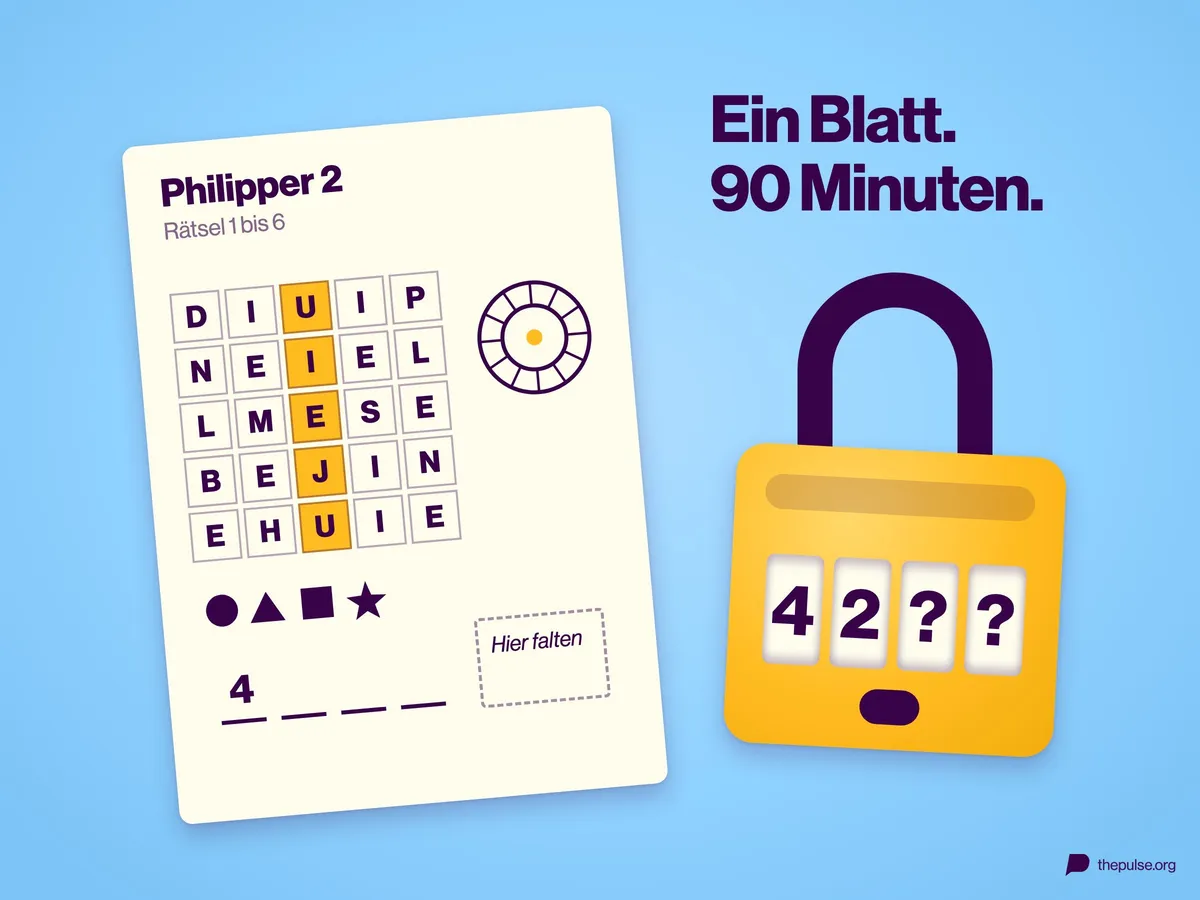 Ein DIN-A4-Blatt voller Rätsel zu Philipper 2 neben einem gelben Zahlenschloss mit zwei gelösten Ziffern, dazu »Ein Blatt. 90 Minuten.«.