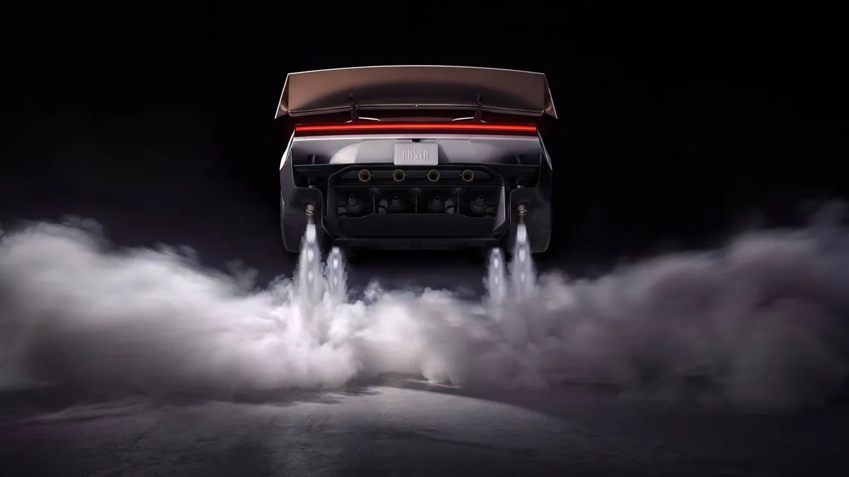 Teslas neuer Roadster von hinten, aus vier Düsen strömt Gas in eine Rauchwolke