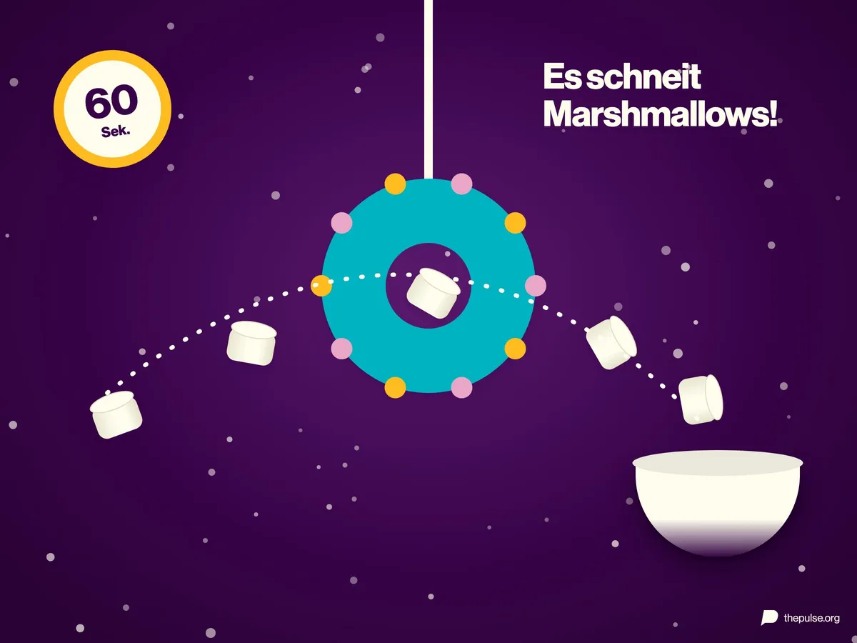 Marshmallows fliegen durch einen hängenden Kranz in eine Schüssel