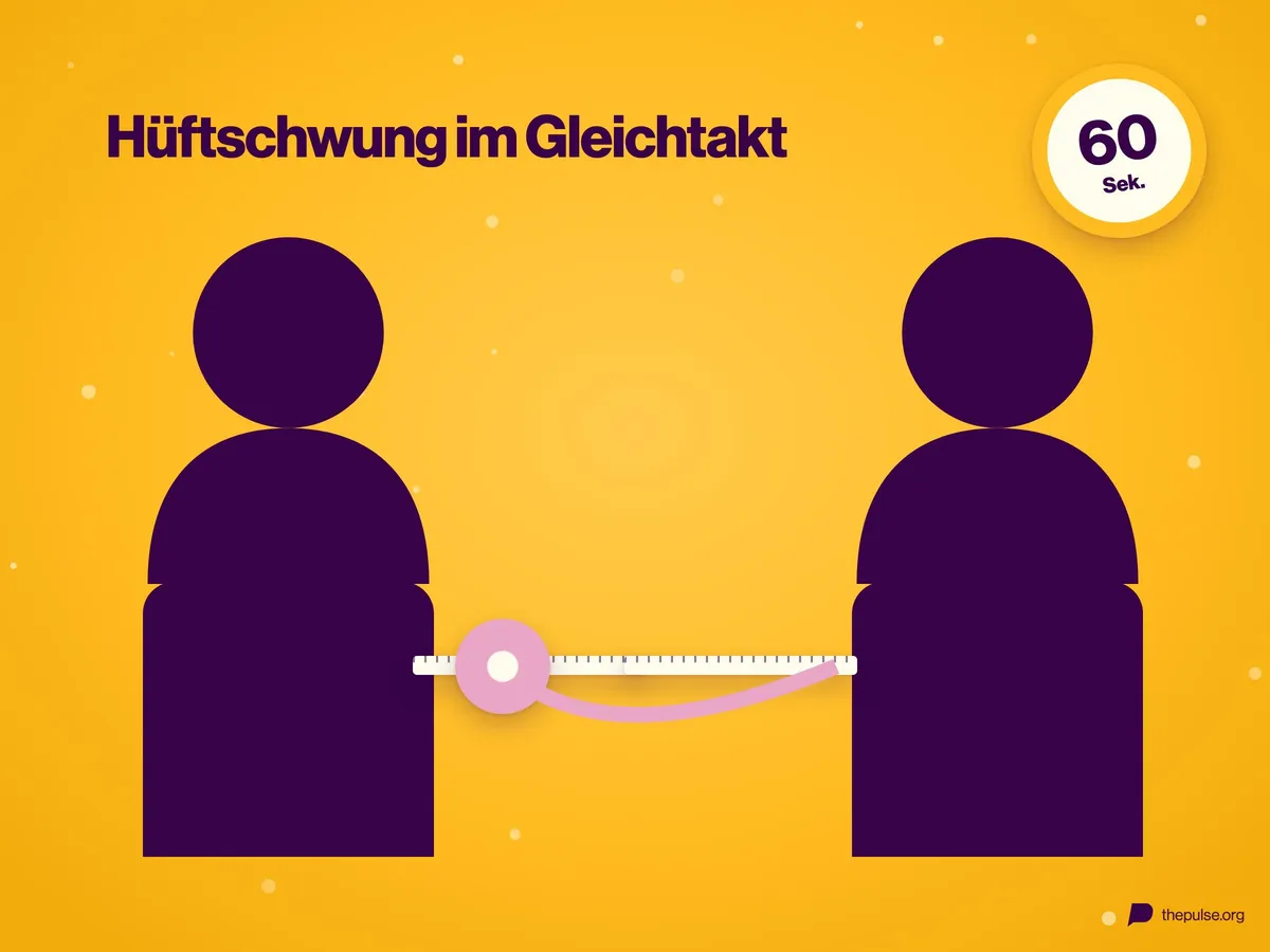 Zwei Silhouetten, an der Hüfte eine Holzleiste, eine Rolle Geschenkband wickelt sich von einer auf die andere ab