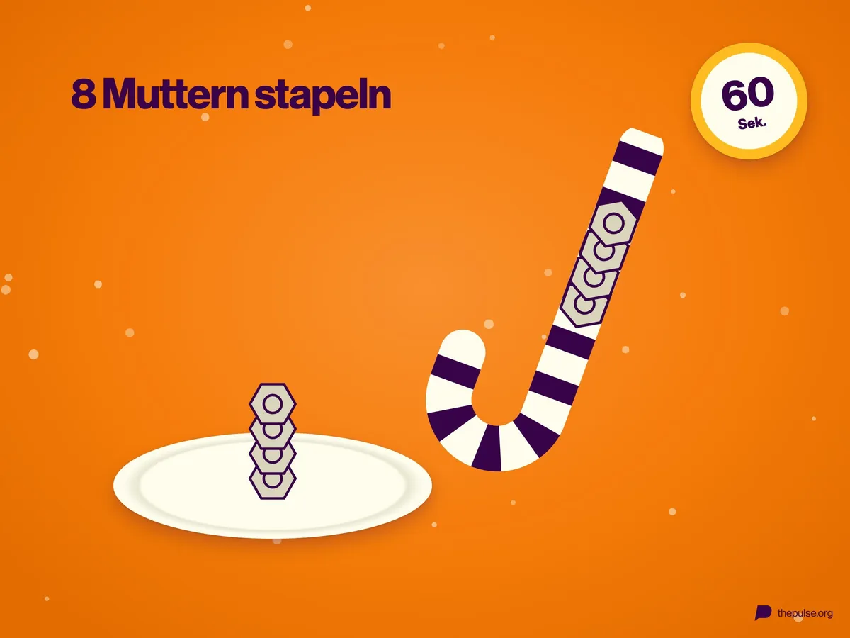 Eine Zuckerstange mit aufgefädelten Muttern, daneben ein Teller mit einem Mutternstapel