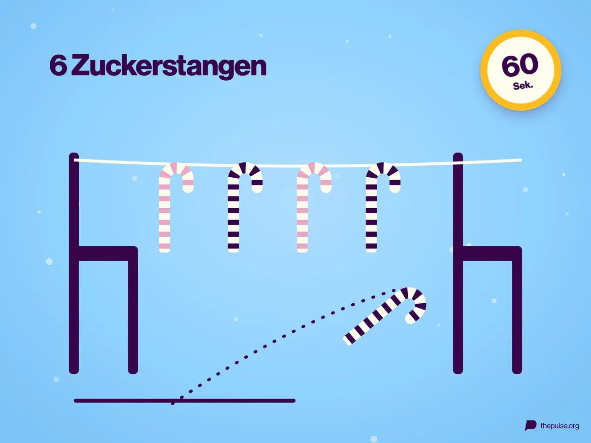 Zuckerstangen hängen an einer Schnur zwischen zwei Stühlen, eine fliegt gerade heran