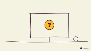 Handgezeichnete Illustration: Quiz-Bildschirm mit gelbem Fragezeichen und Weihnachtskugel