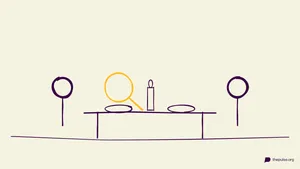Handgezeichnete Illustration: Gedeckter Tisch mit Kerze — und die gelbe Lupe sucht den Mörder