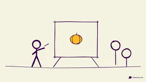Handgezeichnete Illustration: Gelber Kürbis entsteht auf der Staffelei, das Team rät